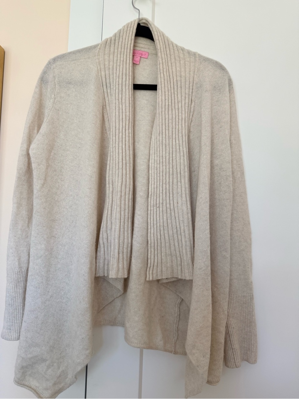 Lilly Pulitzer Cream Open-Front Rib Shawl Collar Cardigan. 100% cashmere